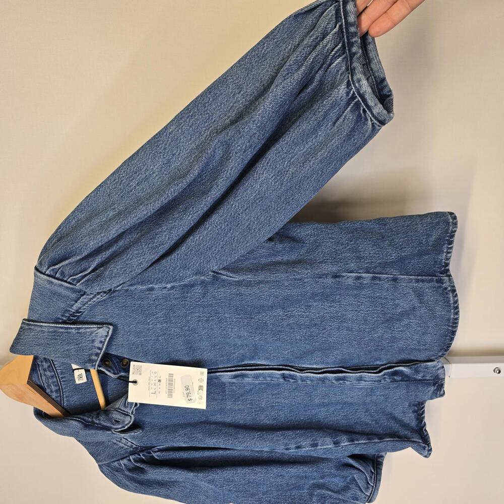 NWT Zara Women's Denim Blouse with Puff Sleeves large - Picture 3 of 5